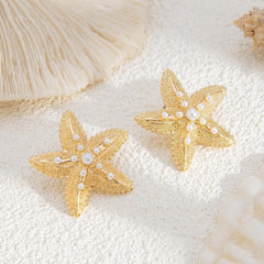 Large Textured Gold-Tone Starfish Stud Earrings with Faux Pearl Accents