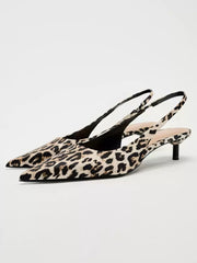 Leopard Print Pointed Toe Slingback Kitten Heels