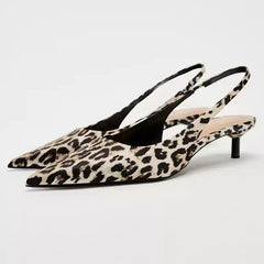 Leopard Print Pointed Toe Slingback Kitten Heels