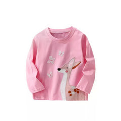 Long-Sleeve T-Shirt with Deer and Butterfly Applique