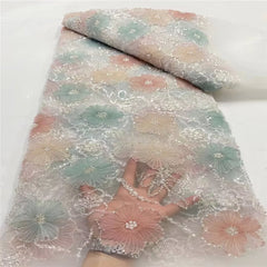 Tela de tul con encaje floral y bordado de lujo, con cuentas decorativas - G5H6J