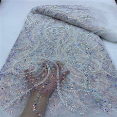 Luxury Sequin Lace French Net Embroidery Tulle Beaded Fabric-D3E4F