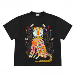 Men's Graphic Tee with Psychedelic Tiger and Floral Design