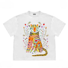 Men's Graphic Tee with Psychedelic Tiger and Floral Design