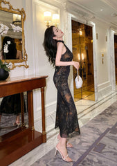 Mesh Halter Neck Vintage Ruffled Dress
