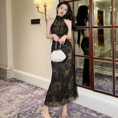 Mesh Halter Neck Vintage Ruffled Dress