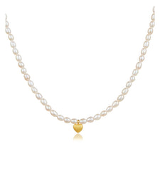 Minimalist Pearl Necklace with Gold Heart Charm