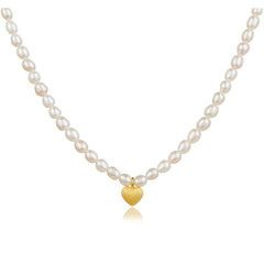 Minimalist Pearl Necklace with Gold Heart Charm