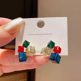Multi-Colored Cubic Zirconia Geometric Cube Cluster Stud Earrings