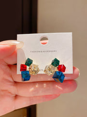 Multi-Colored Cubic Zirconia Geometric Cube Cluster Stud Earrings