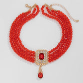 Multi-Layer Red Bead Choker with Rhinestone Pendant