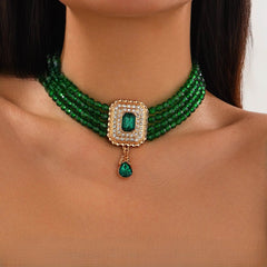 Multi-Layer Red Bead Choker with Rhinestone Pendant