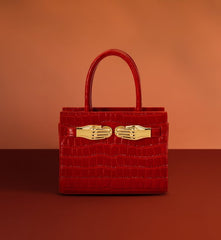 Red Crocodile Embossed Leather Small Structured Bag