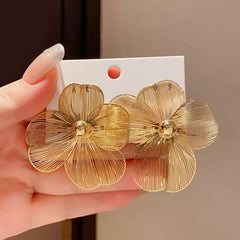 Oversized Gold Tone Flower Earrings with Delicate Filigree Wire Design