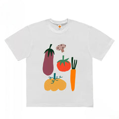Oversized Graphic T-Shirt with Vegetables and Food Print