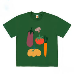 Oversized Graphic T-Shirt with Vegetables and Food Print