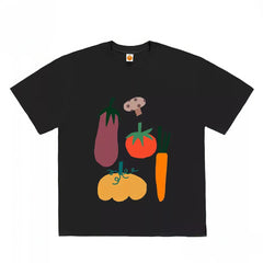 Oversized Graphic T-Shirt with Vegetables and Food Print