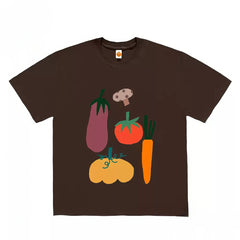 Oversized Graphic T-Shirt with Vegetables and Food Print