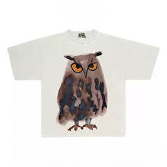 Oversized Owl Graphic Tee with Watercolor Style Print