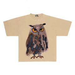 Oversized Owl Graphic Tee with Watercolor Style Print