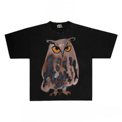 Oversized Owl Graphic Tee with Watercolor Style Print