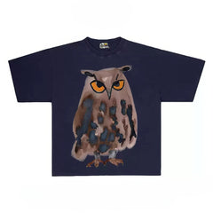 Oversized Owl Graphic Tee with Watercolor Style Print