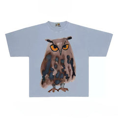 Oversized Owl Graphic Tee with Watercolor Style Print
