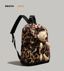 Patterned Animal Print Schoolbag with Cute Plush Bear Accent