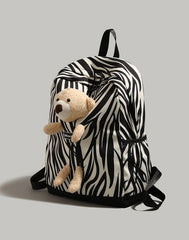 Patterned Animal Print Schoolbag with Cute Plush Bear Accent