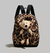 Patterned Animal Print Schoolbag with Cute Plush Bear Accent