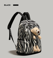 Patterned Animal Print Schoolbag with Cute Plush Bear Accent