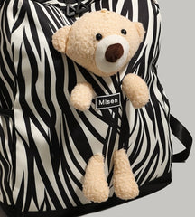 Patterned Animal Print Schoolbag with Cute Plush Bear Accent