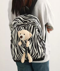 Patterned Animal Print Schoolbag with Cute Plush Bear Accent