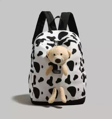 Patterned Animal Print Schoolbag with Cute Plush Bear Accent