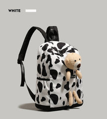 Patterned Animal Print Schoolbag with Cute Plush Bear Accent