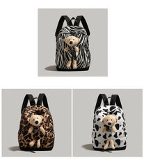 Patterned Animal Print Schoolbag with Cute Plush Bear Accent