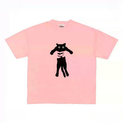 Pink T-Shirt with Funny Cat Graphic Print for Women