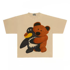 Playful Bear and Duck Graphic Tee with Abstract Print