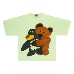 Playful Bear and Duck Graphic Tee with Abstract Print