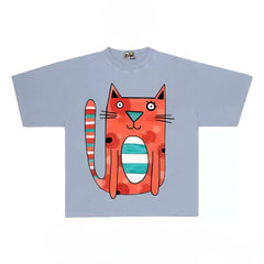 Playful Cat Graphic Tee with Abstract Design Print