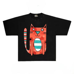 Playful Cat Graphic Tee with Abstract Design Print