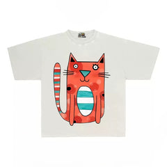 Playful Cat Graphic Tee with Abstract Design Print