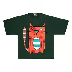 Playful Cat Graphic Tee with Abstract Design Print