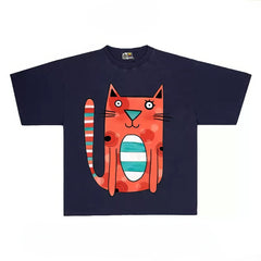 Playful Cat Graphic Tee with Abstract Design Print