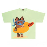 Playful Cat Graphic Tee with Snorkel and Duck Float Print