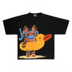 Playful Cat Graphic Tee with Snorkel and Duck Float Print