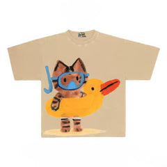 Playful Cat Graphic Tee with Snorkel and Duck Float Print