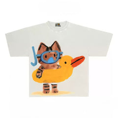 Playful Cat Graphic Tee with Snorkel and Duck Float Print
