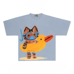 Playful Cat Graphic Tee with Snorkel and Duck Float Print