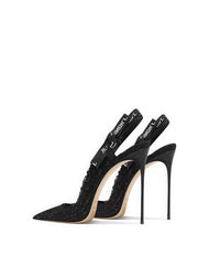 Pointed-Toe Slingback Stiletto Heels with Ribbon Straps